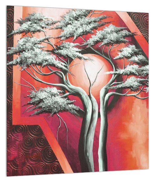 Orientálny červený obraz stromu a slnka (30x30 cm)