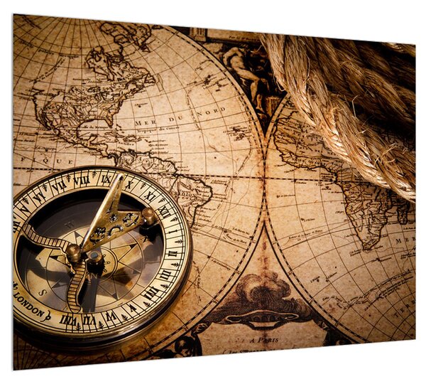 Historický obraz mapy sveta a kompasu (70x50 cm)