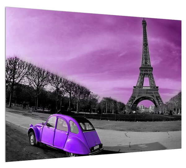 Obraz Eiffelovej veže a fialového auta (70x50 cm)