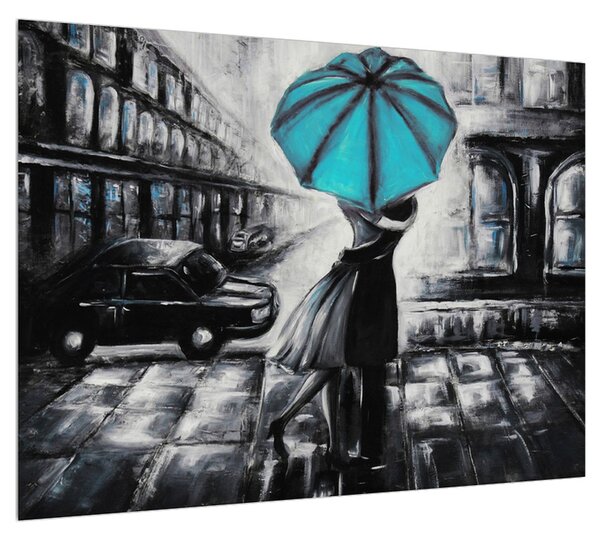 Obraz zamilovaného páru pod dáždnikom (70x50 cm)