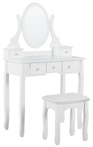 Toaletný stolík biely MDF masívne drevo 140 x 80 cm 5 zásuviek oválne zrkadlo taburetka nábytok do spálne