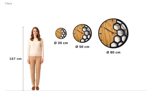 3D Dubové drevené hodiny T-Tatra Honeycomb 30cm-50cm-80cm