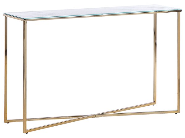 Konzolový stolík biely a zlatý tvrdené sklo s mramorovým efektom oceľový rám glamour moderná obývacia izba spálňa chodba