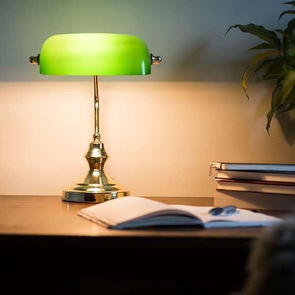 Klasická stolná lampa/lampa notára mosadz s zeleným sklom - Banker