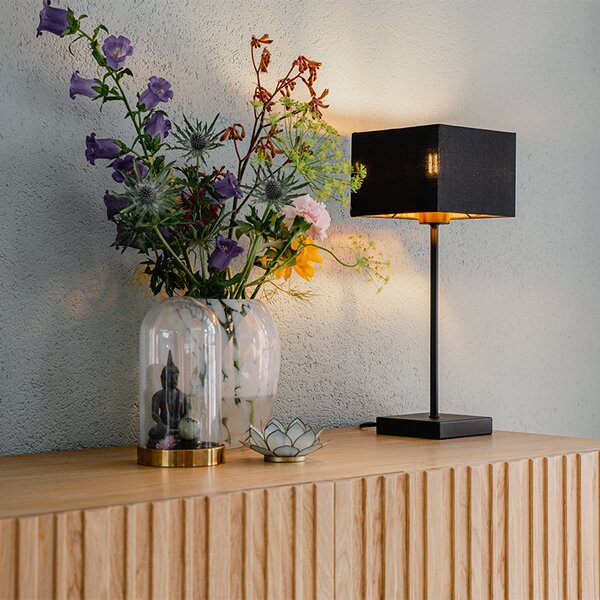 Moderná stolná lampa čierna s tienidlom z látky čierna so zlatom - VT 1