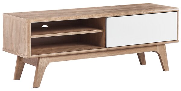 TV stolík svetlé drevo a biela s úložnými policami otvor na káble moderný dizajn