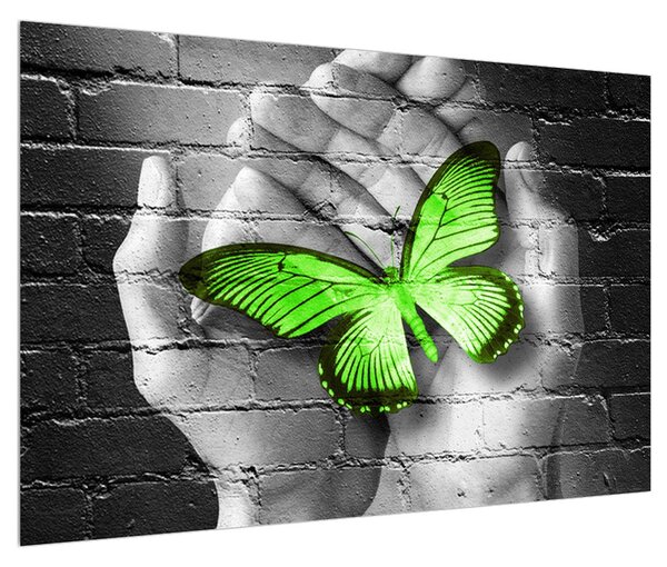 Moderný obraz dlaní s motýľom (90x60 cm)