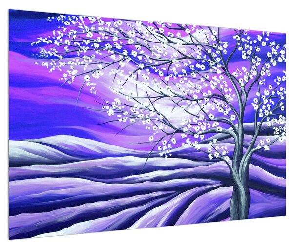 Fialový obraz rozkvitnutého stromu (90x60 cm)