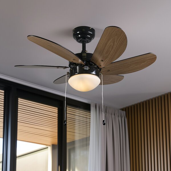 Stropný ventilátor čierny s drevenou potlačou 80 cm so šnúrkou - Fresh