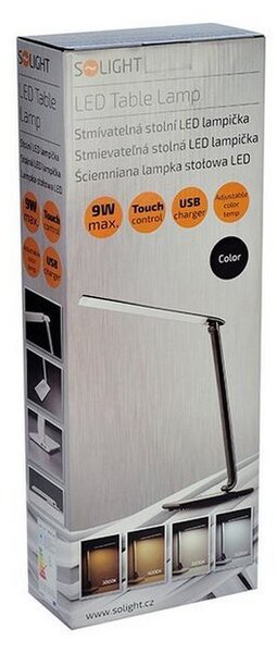 SOLIGHT LED stolný lampička stmievateľná 12W/3000K-6000K/700Lm, USB, čierny lesk