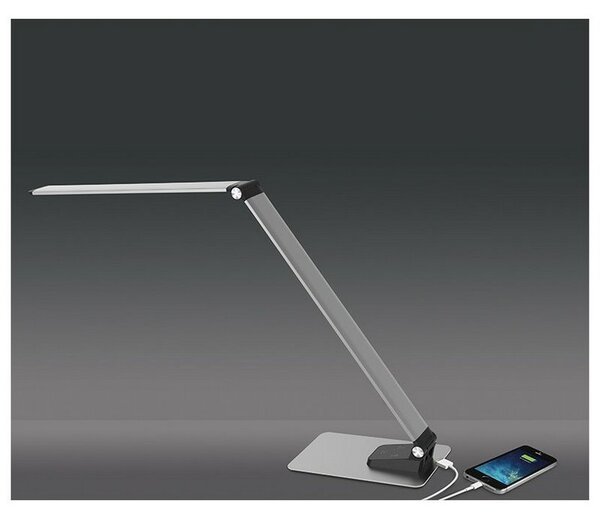 SOLIGHT LED stolný lampička stmievateľná 11W/3000K-6000K/550Lm, brúsený hliník, USB port