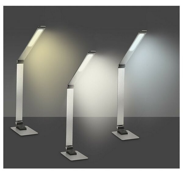 SOLIGHT LED stolný lampička stmievateľná 11W/3000K-6000K/550Lm, brúsený hliník, USB port