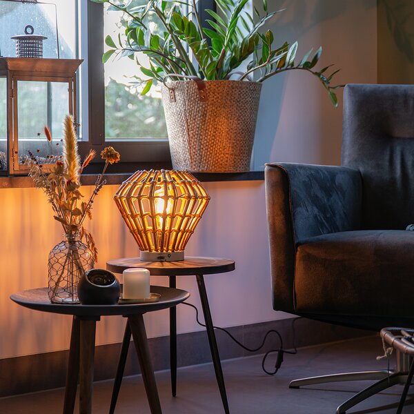 Rustikálna stolná lampa bambusová s bielou - Canna Diamond
