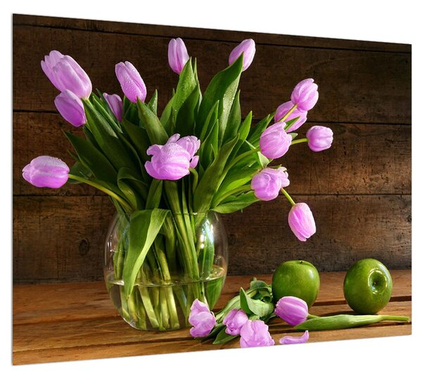 Obraz fialových tulipánov vo váze (70x50 cm)