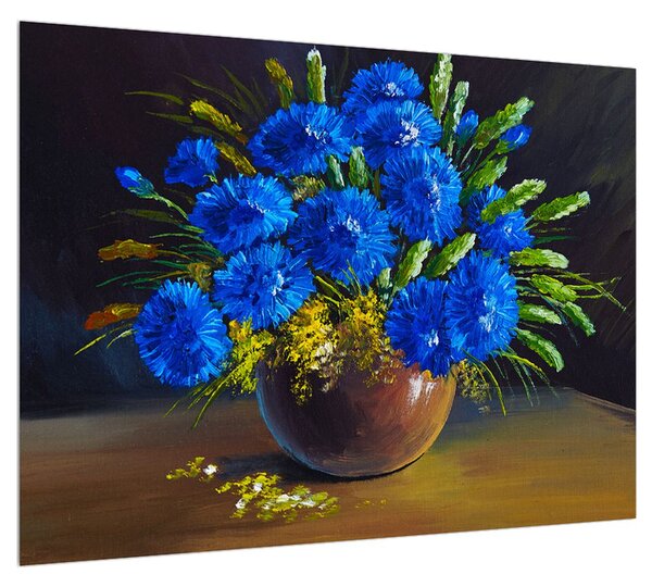 Obraz modrých kvetov vo váze (70x50 cm)