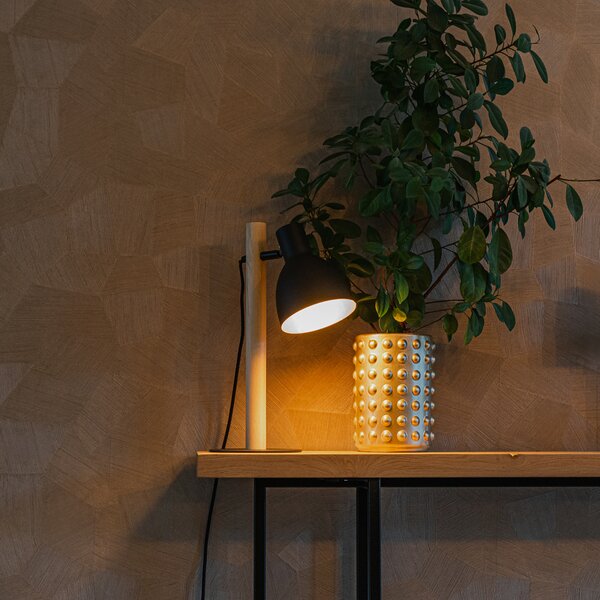Rustikálna stolná lampa čierna s drevom - Flint