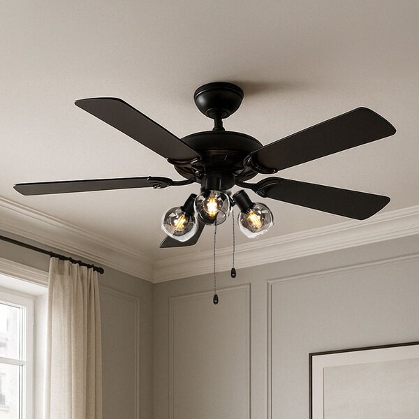 Stropný ventilátor čierny s drevenou potlačou 107,5 cm 3-svetlá s ťahovým spínačom - Mistral Vidro