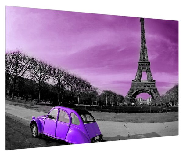 Obraz Eiffelovej veže a fialového auta (90x60 cm)