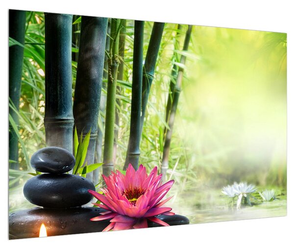 Obrázok lotosu, bambusu a sviečky (90x60 cm)