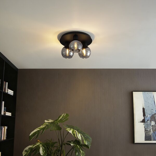 Stropné svietidlo v štýle Art Deco čierne s dymovým sklom 3-svetlo - Vidro