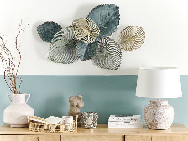 Nástenná dekorácia zlatá a modrá kovová 88 x 55 cm v tvare listov exotický dizajn moderné boho doplnky do interiéru