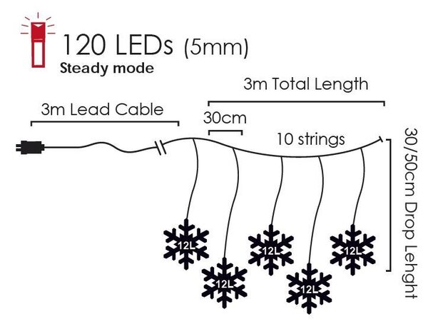 ACA Lighting LED vianočné záves Snehové vločky, 3x3m, studená biela, IP44, 120 LED