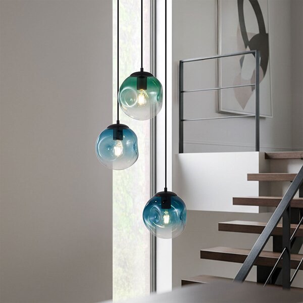 Art Deco závesná lampa čierna s modrým a zeleným sklom 3-svetlá - Douglass