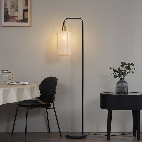 Japandi stojacia lampa čierna so zlatým a béžovým tienidlom - Pluni