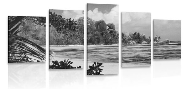 5-dielny obraz pláž na ostrove La Diguo v čiernobielom prevedení