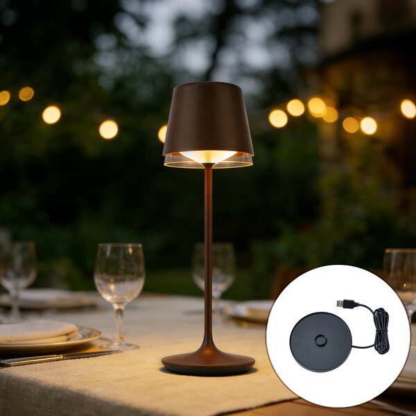 Stolná lampa hrdzavo hnedá vrátane LED IP65 Nabíjateľná s nabíjacou stanicou - Bass