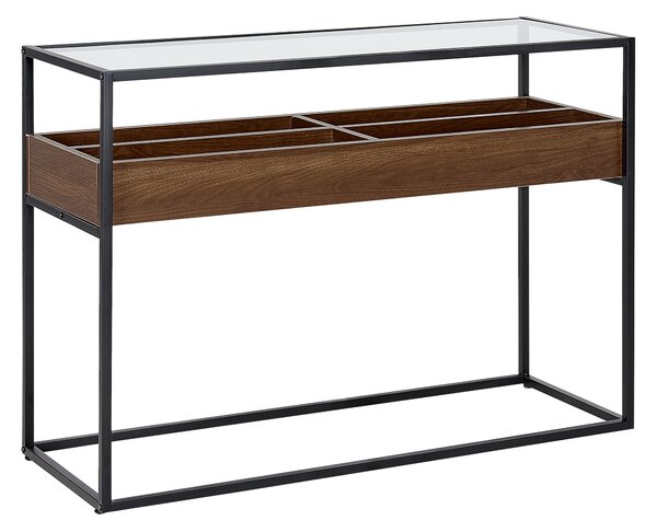 Konzolový stolík tmavé drevo a čierna sklenená vrchná doska kovový rám úložný priestor obdĺžnikový moderný dizajn