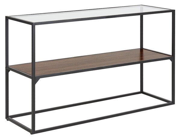 Konzolový stolík tmavé drevo a čierna sklenená vrchná doska kovový rám obdĺžnikový úložný priestor moderný dizajn