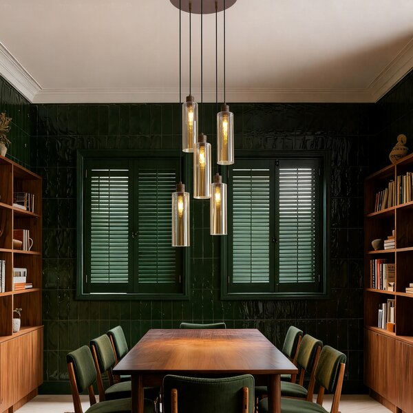 Hotelová elegantná závesná lampa tmavý bronz s jantárovým sklom 5-svetiel - Stavelot
