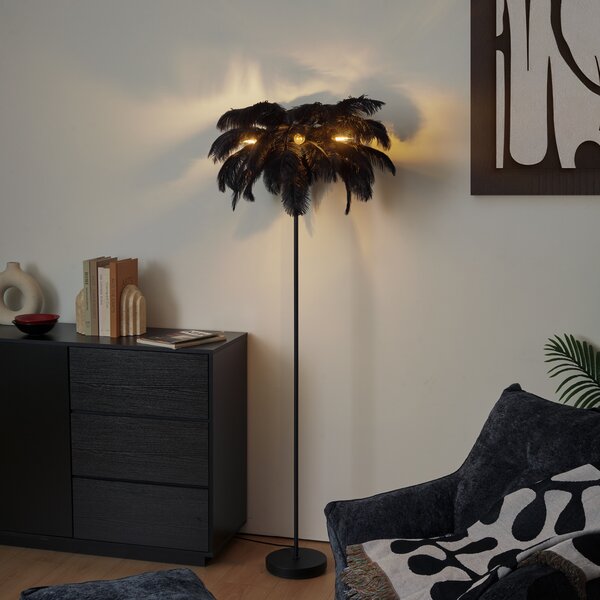 Stojacia lampa Art Deco čierna s čiernym perím - Peahen