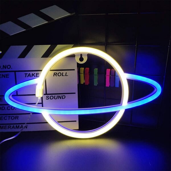 ACA Lighting Neónová lampička - Saturn, 3x AA batérie/USB kábel, IP20, modrá + žltá farba