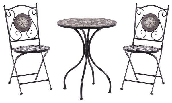 Záhradná bistro súprava čierna kovová nábytok na balkón stôl skladacie stoličky mozaikový vzor vintage štýl