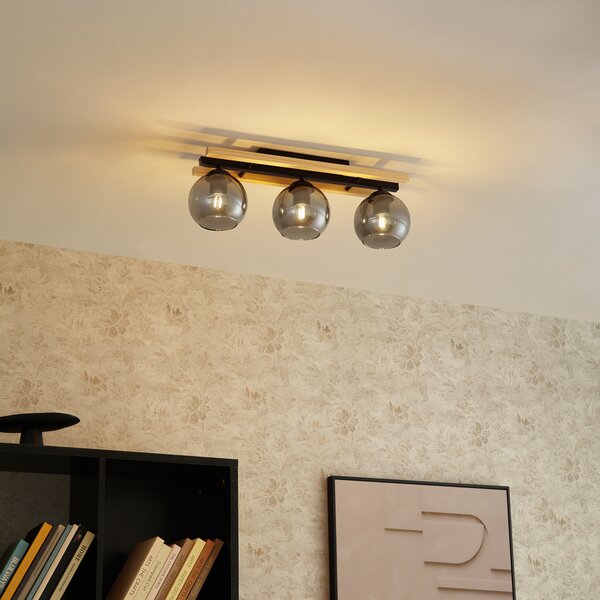 Moderné stropné svietidlo čierne s drevom a dymovým sklom 3-Lights - Aleks