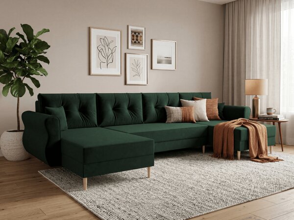 Rozkladacia sedacia súprava do U SILVIANO 300x140 cm, tmavozelená + 2 vankúšiky ZDARMA