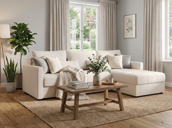 Rozkladacia obojstranná sedacia súprava do L VENORIA 220x143 cm, krémová + 2 vankúšiky ZDARMA