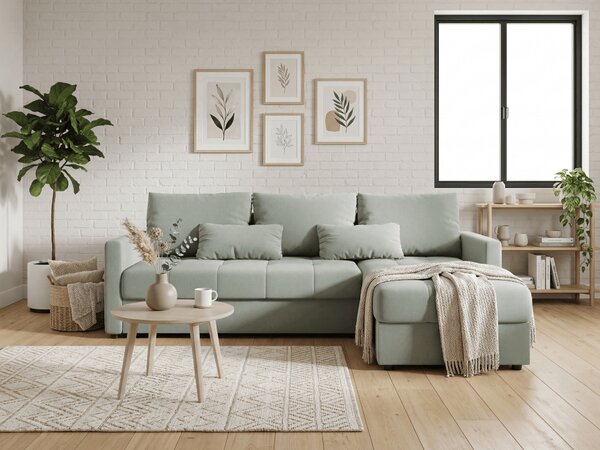 Rozkladacia obojstranná sedacia súprava do L VENORIA 220x143 cm, svetlozelená + 2 vankúšiky ZDARMA