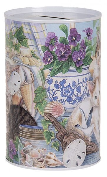 Biela plechová dóza pokladnička s mačkami - Ø 8*13 cm - Clayre & Eef