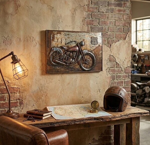 Kovový nástenný obraz s motorkou Route 66 - 60*4*40 cm - Clayre & Eef