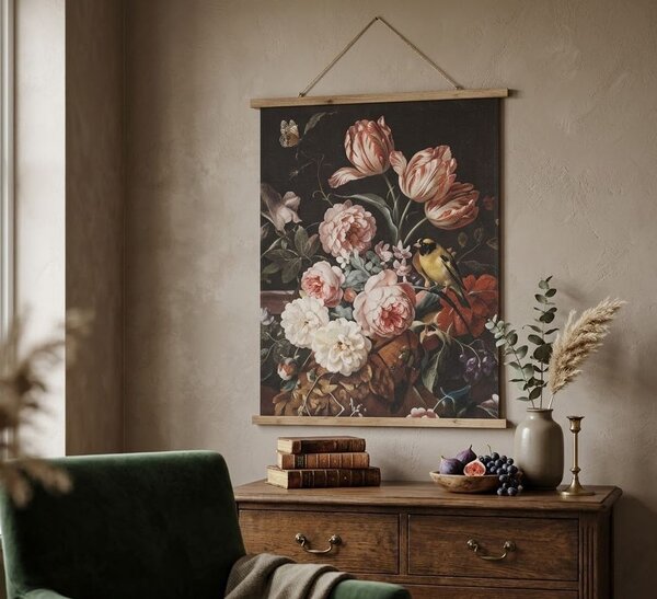 Závesný textilný obraz kvetinové zátišie s vtáčikom v retro štýle - 80*2*100 cm - Clayre & Eef