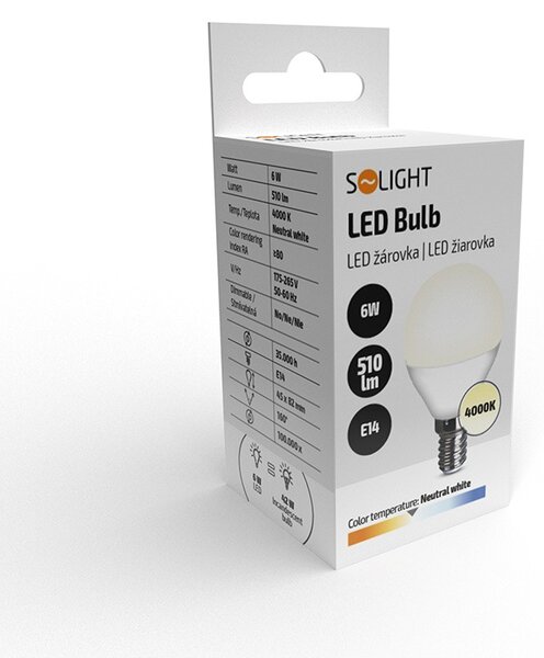 SOLIGHT LED žiarovka miniglobe matná G45 6W, E14, 4000K, 510lm