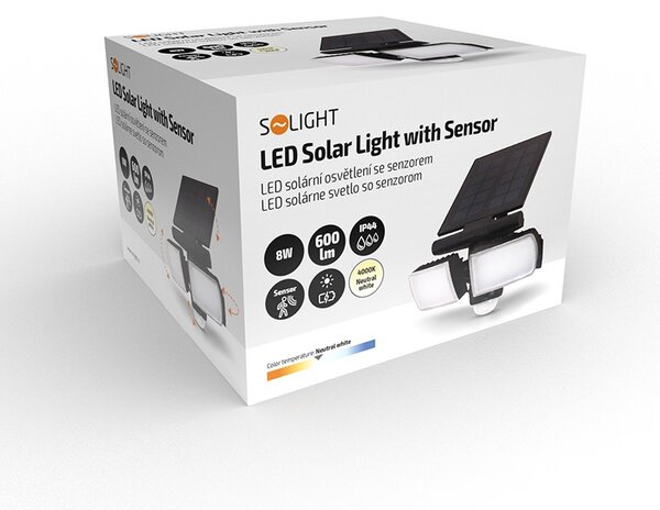 SOLIGHT LED solárne osvetlenie so senzorom 8W/600Lm/Li-Ion 3,7V-2000mAh/IP44, čierne