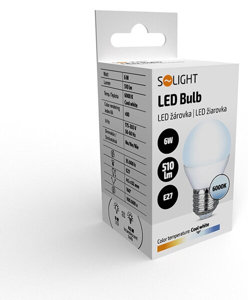 SOLIGHT LED žiarovka miniglobe matná G45 6W, E27, 6000K, 510lm