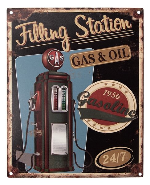 Čierna antik nástenná kovová ceduľa Filling Station - 20*1*25 cm - Clayre & Eef