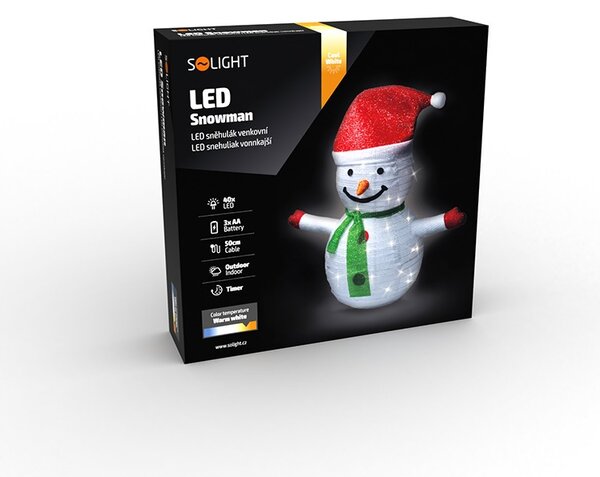 SOLIGHT LED snehuliak vonkajší 40LED, teplá biela, IP44, výška 70cm, 3x AA, časovač