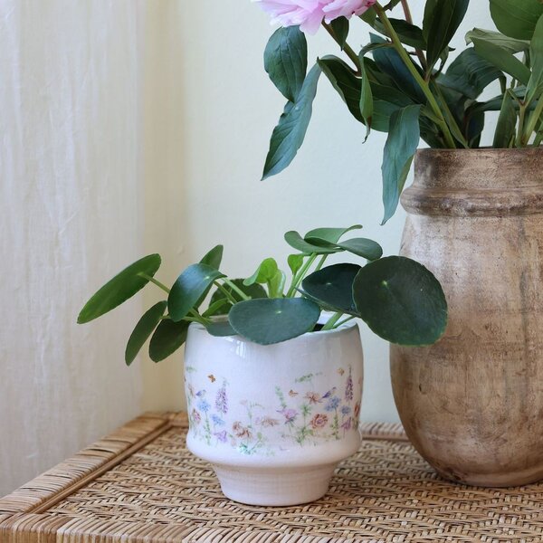Krémový antik keramický kvetináč s kvetmi Papillon Blossom - Ø 13*12 cm - Chic Antique
