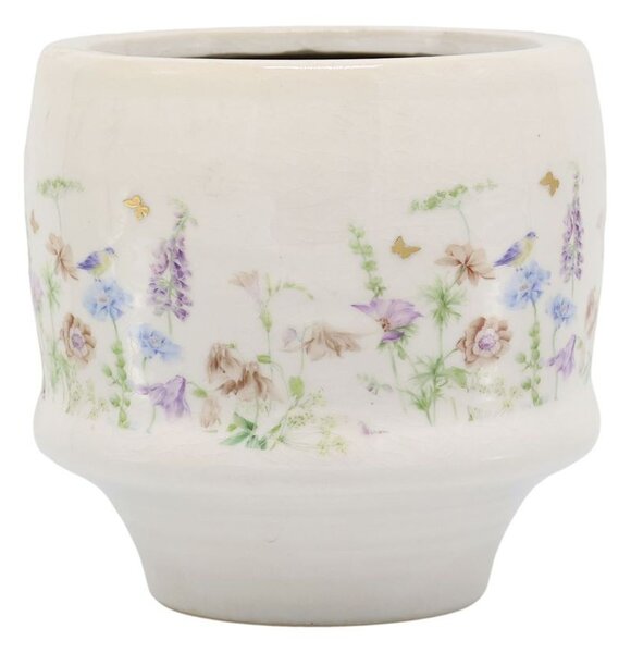 Krémový antik keramický kvetináč s kvetmi Papillon Blossom - Ø 13*12 cm - Chic Antique